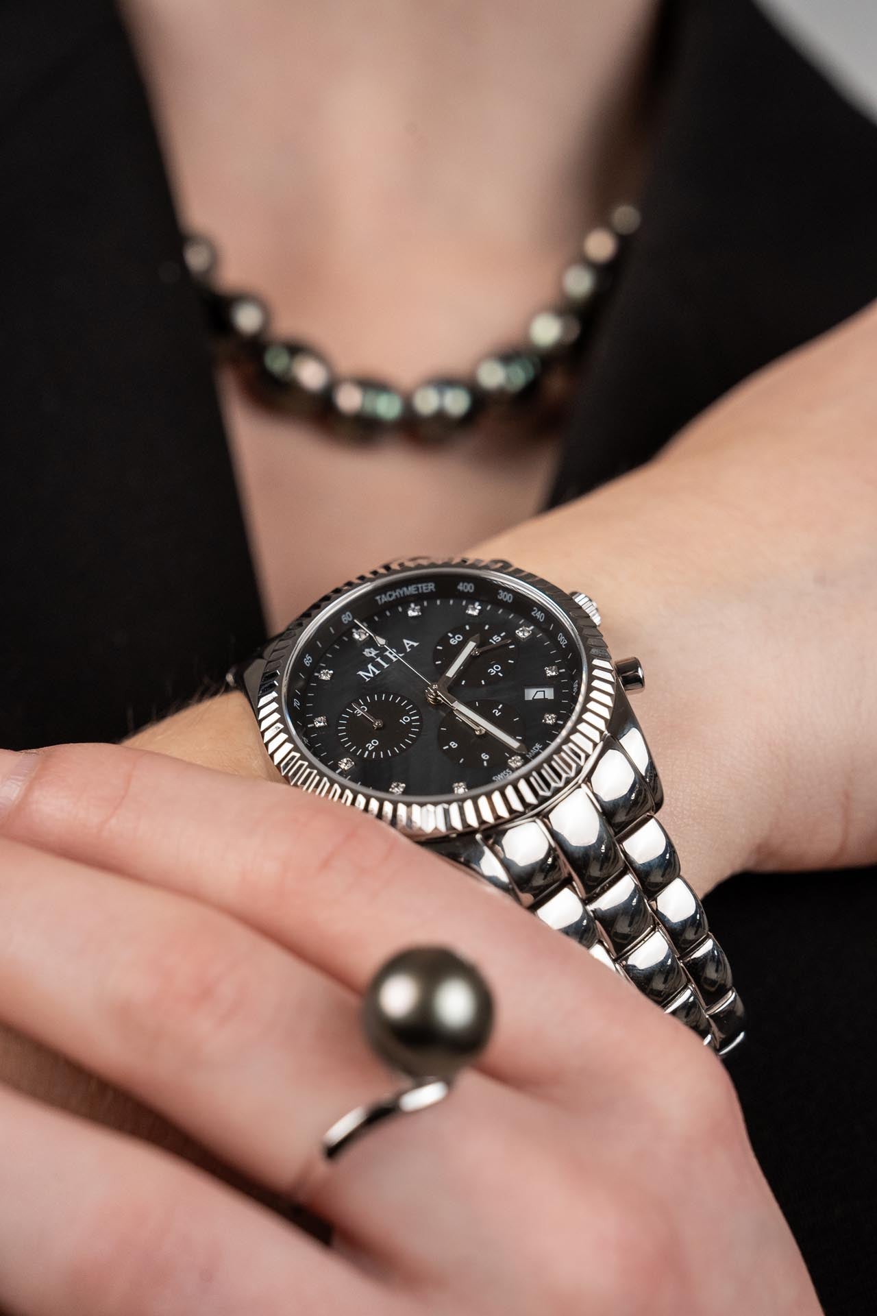 Black Pearl Chronograph Swiss Watch - MIRA SOUTH SEA PEARLS ID