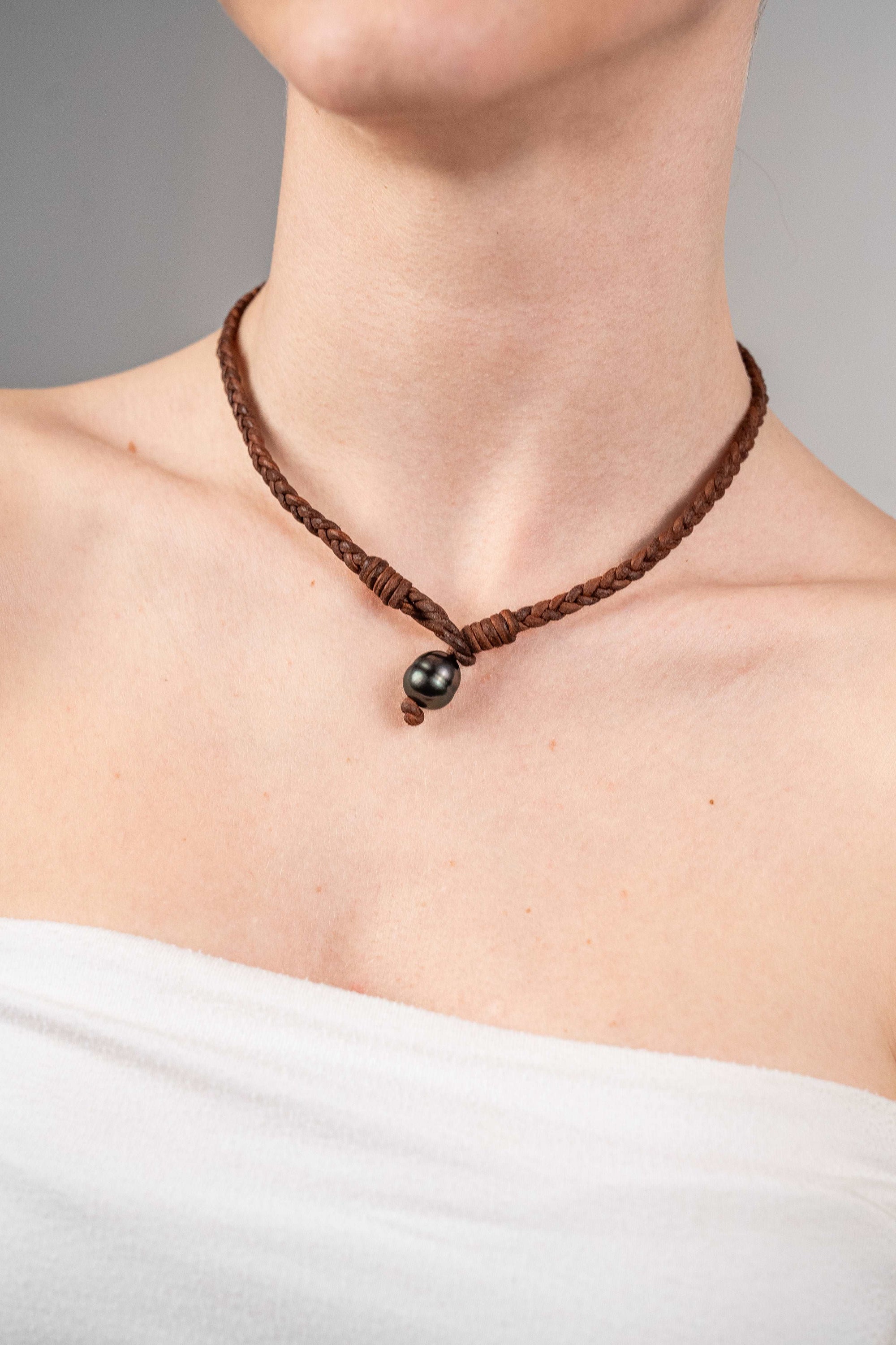 Tane Leather Necklace &amp; Bracelet Black Tahiti - MIRA SOUTH SEA PEARLS ID